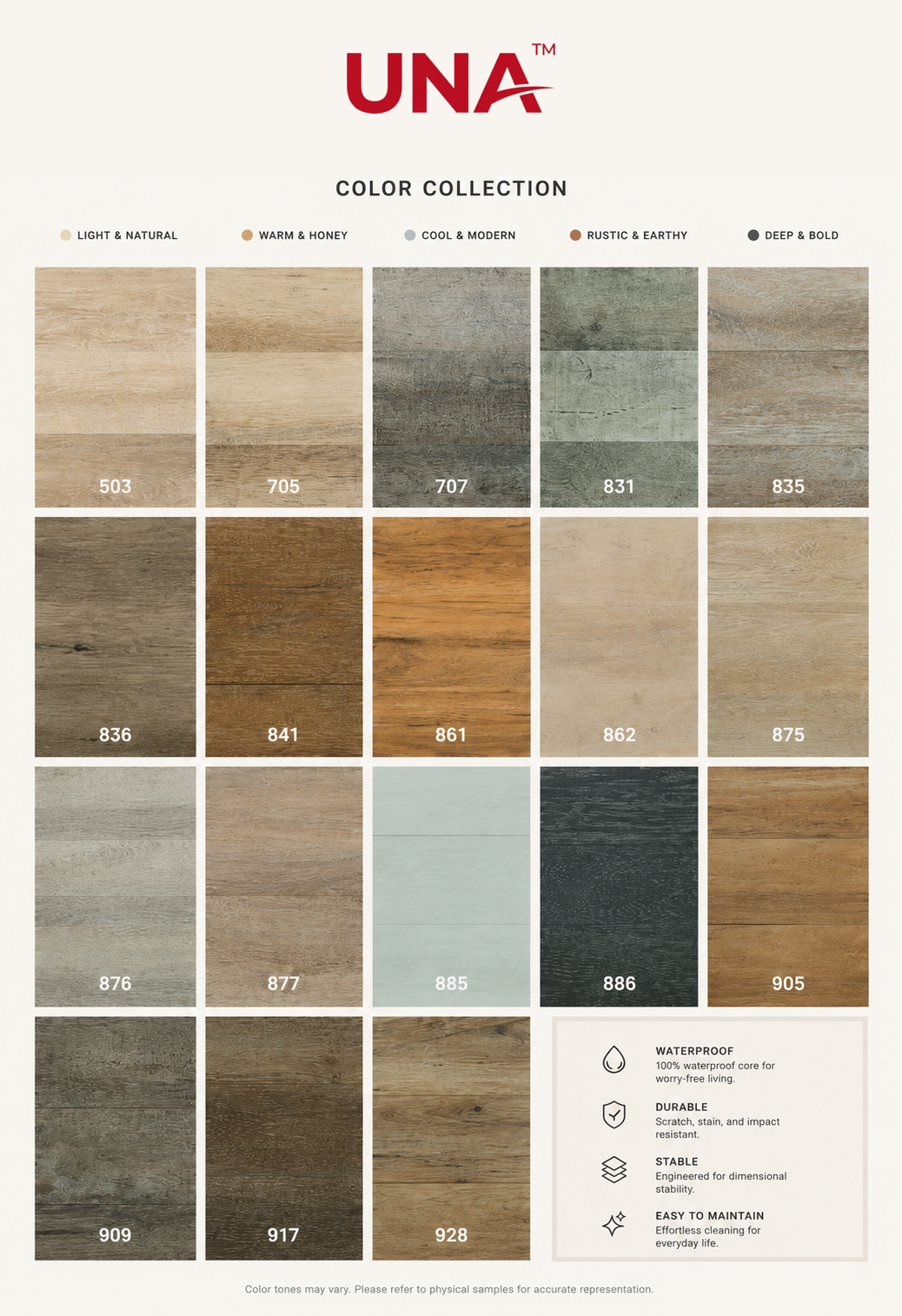 UNAFloors Collection · Series I — full SPC color chart with named décors